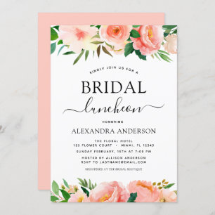 Coral Peach Floral Bridal Shower Luncheon Invitation