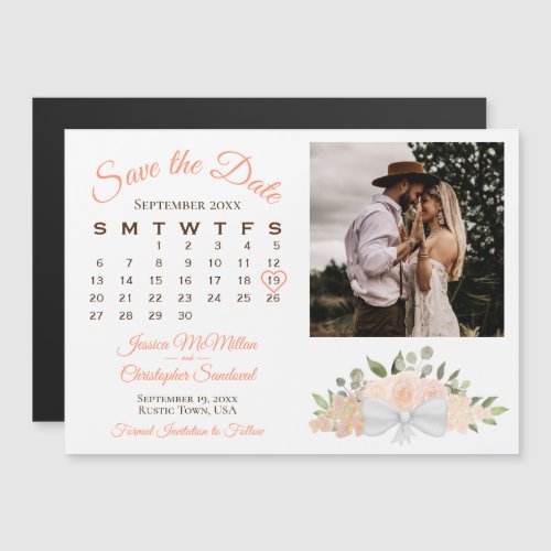 Coral Peach Floral Calendar  Photo Save the Date Magnetic Invitation