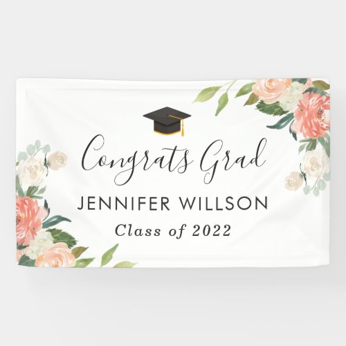 Coral Peach Floral Congrats Grad Graduation Party Banner