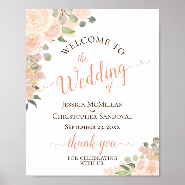 Coral Peach Floral Elegant Wedding Welcome Sign (Front)