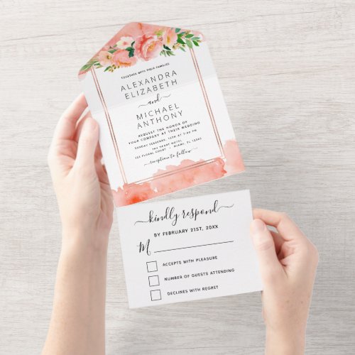 Coral Peach Floral Flowers Wedding All In One Invitation