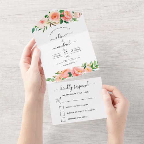 Coral Peach Floral Flowers Wedding RSVP All In One Invitation