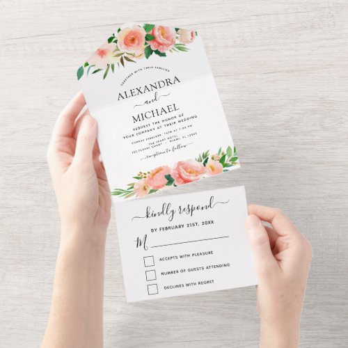 Coral Peach Floral Flowers Wedding RSVP All In One Invitation