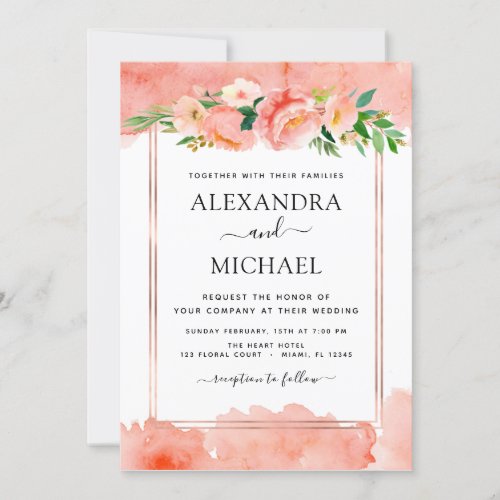 Coral Peach Floral Geometric Wedding Invitation