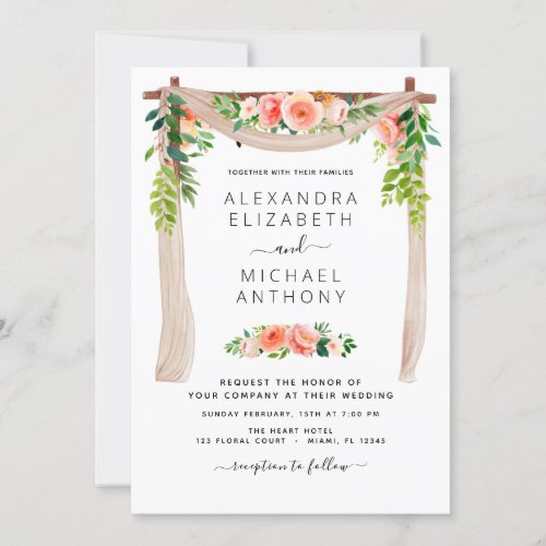 Coral Peach Floral Greenery Arch Wedding Invitatio Invitation