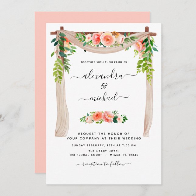 Coral Peach Floral Greenery Arch Wedding Invitatio Invitation (Front/Back)