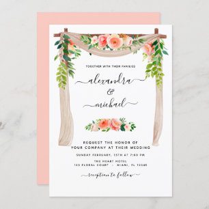 Coral Peach Floral Greenery Arch Wedding Invitatio Invitation