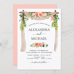 Coral Peach Floral Greenery Arch Wedding Invitation