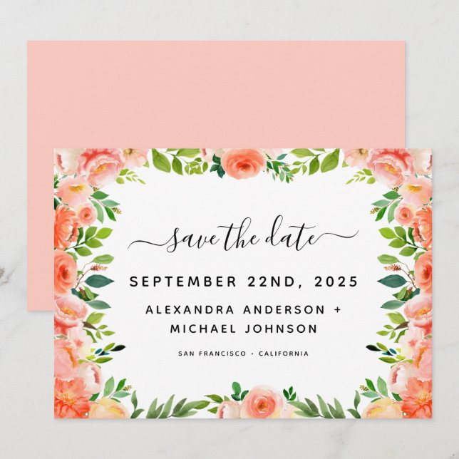 Coral Peach Floral Greenery Save the Date Invitation (Front/Back)