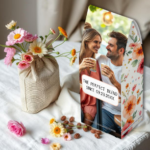 Coral peach floral pattern wedding couple photo roasted coffee
