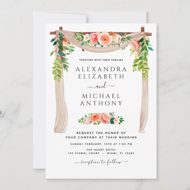 Coral Peach Floral Photo Greenery Arch Wedding Invitation (Front)