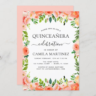 Coral Peach Floral Quinceañera Greenery Invitation