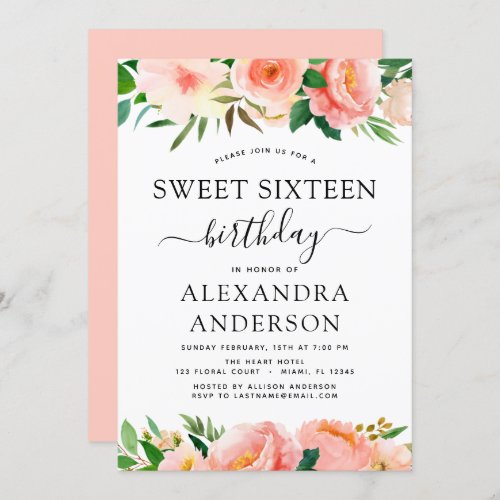 Coral Peach Floral Sweet Sixteen 16 Birthday Invit Invitation