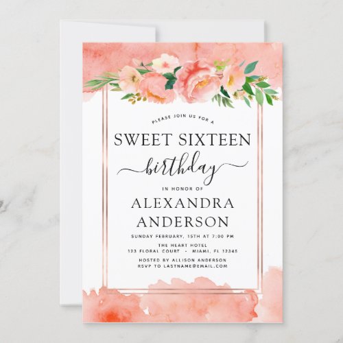 Coral Peach Floral Sweet Sixteen 16 Birthday Invitation