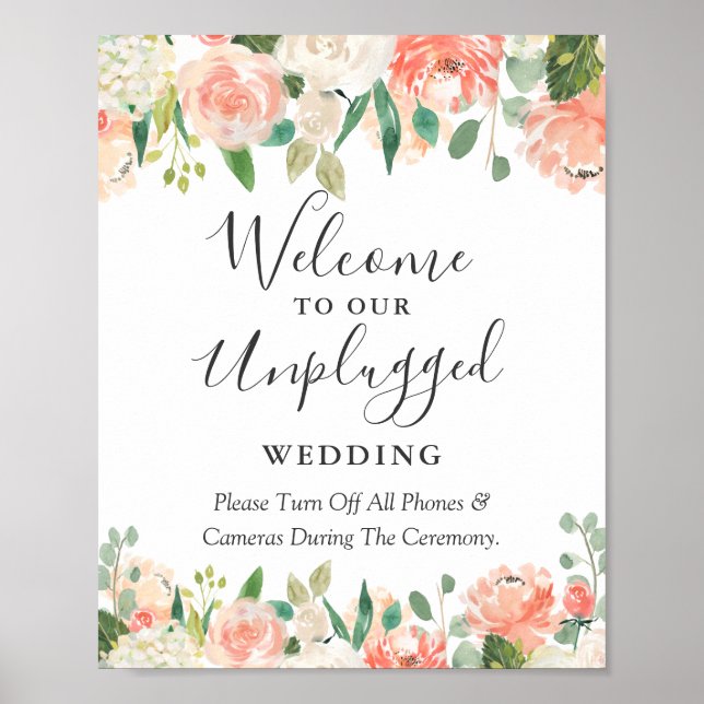 Coral Peach Floral Unplugged Wedding Ceremony Sign (Front)