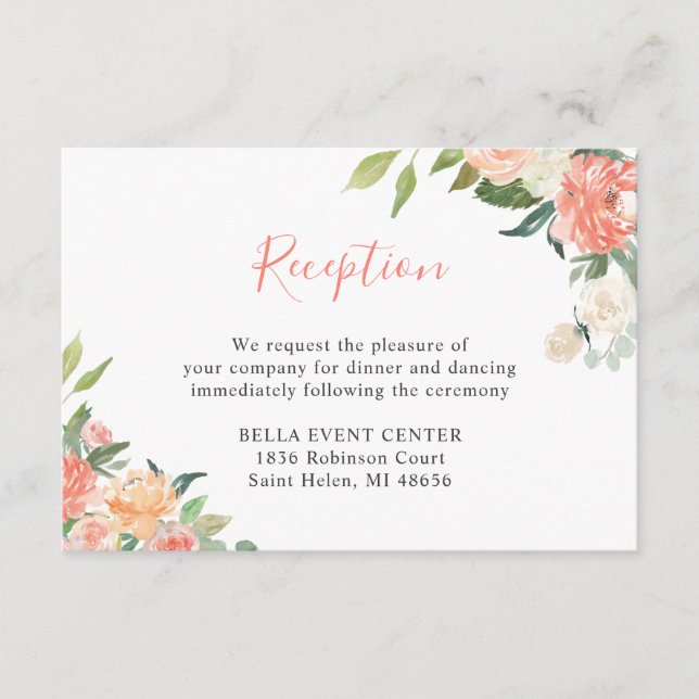 Coral Peach Floral Wedding Details Reception Enclosure Card (Front)