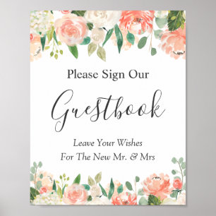 Coral Peach Floral Wedding Guestbook Sign