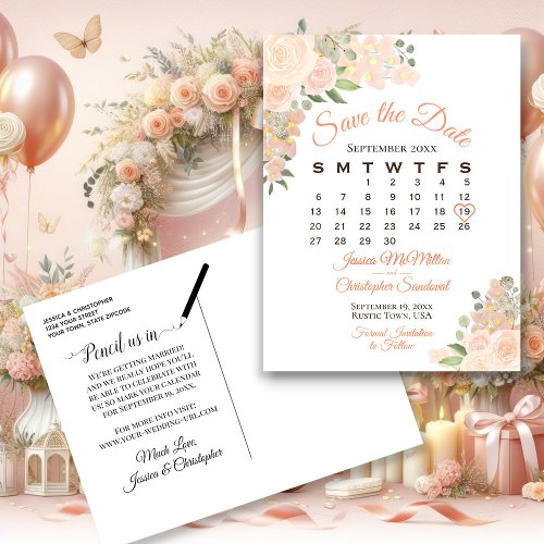 Coral Peach Floral Wedding Save the Date Calendar Announcement Postcard