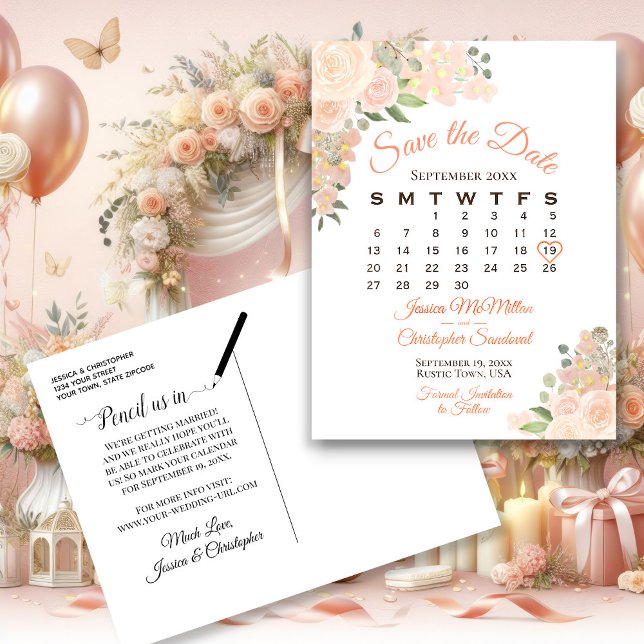 Coral Peach Floral Wedding Save the Date Calendar Announcement Postcard (Front and Back)