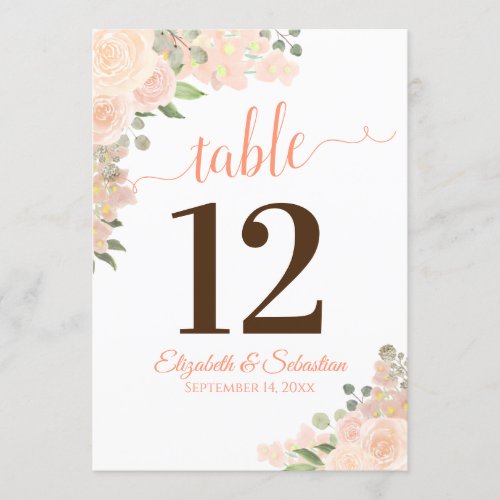 Coral Peach Floral Wedding Table Number Card Large