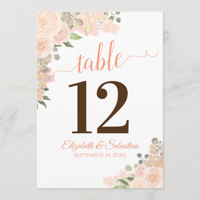 Coral Peach Floral Wedding Table Number Card Large (Front)