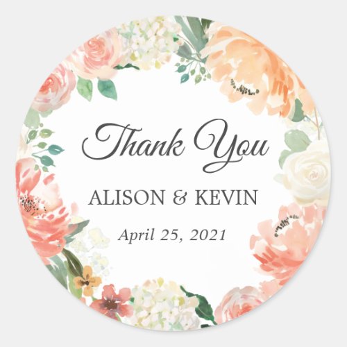 Coral Peach Floral Wreath Wedding Favor Thank You Classic Round Sticker