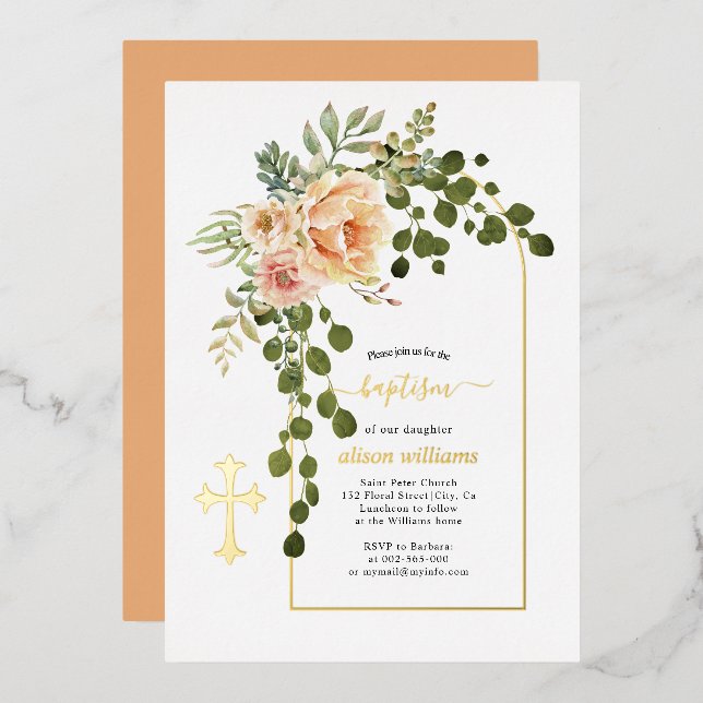 Coral peach flowers and arch floral baptism gold foil invitation (Front/Back)