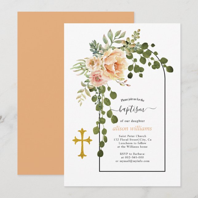 Coral peach flowers and arch floral baptism invitation (Front/Back)