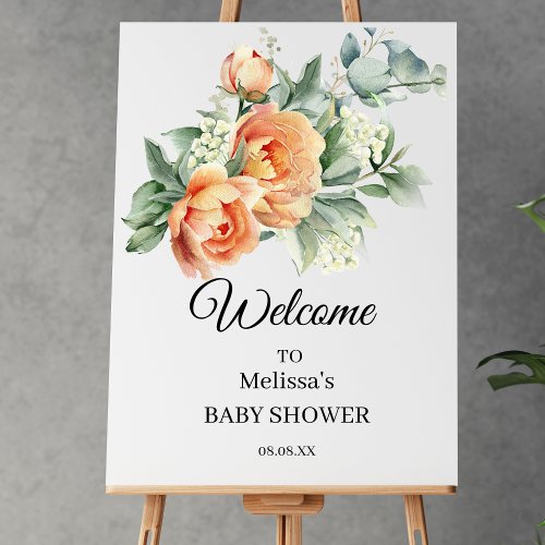 Coral Peach Flowers Greenery Welcome Sign