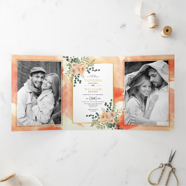 Coral peach flowers, leaves floral winter wedding Tri-Fold invitation (Inside)