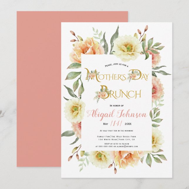 Coral peach flowers Mothers Day brunch  Invitation (Front/Back)
