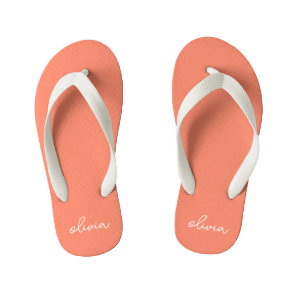 Coral Peach Girly Monogram Name  Kid's Flip Flops