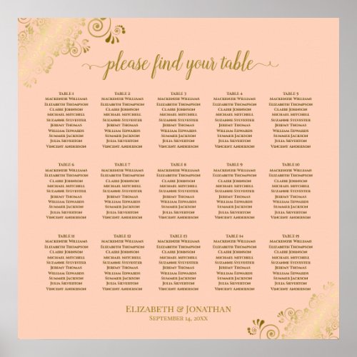 Coral Peach  Gold 15 Table Wedding Seating Chart