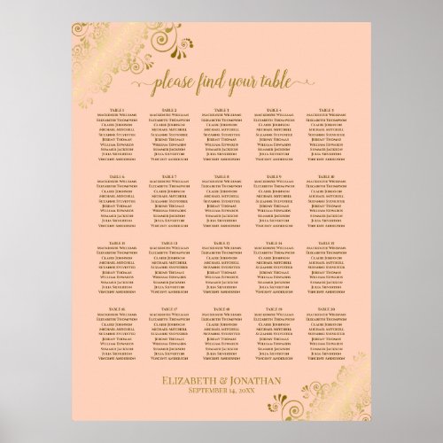 Coral Peach  Gold 20 Table Wedding Seating Chart