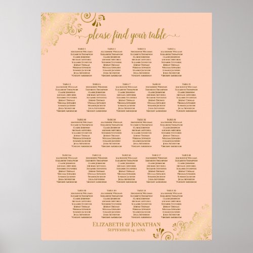 Coral Peach  Gold 22 Table Wedding Seating Chart