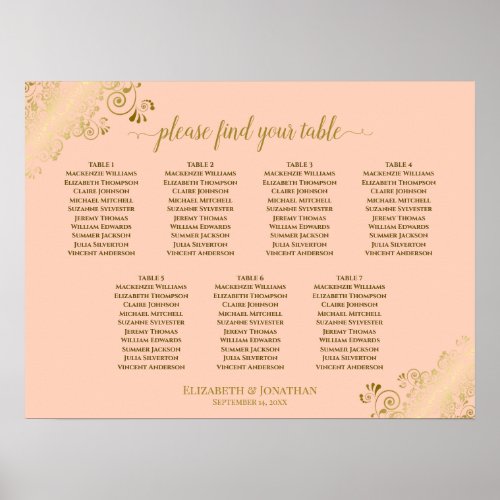Coral Peach  Gold 7 Table Wedding Seating Chart
