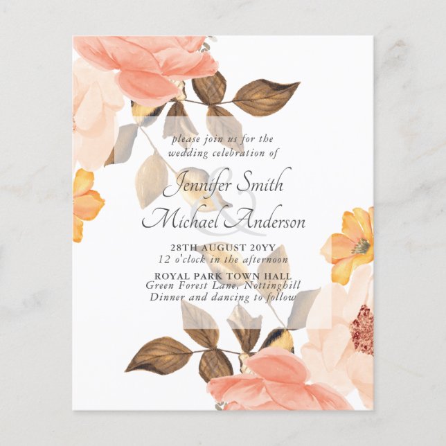 Coral Peach Gold Bronze Floral Wedding Invitations (Front)