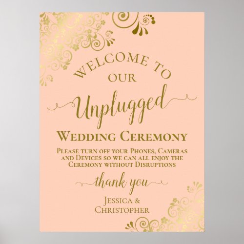 Coral Peach  Gold Chic Unplugged Wedding Ceremony Poster
