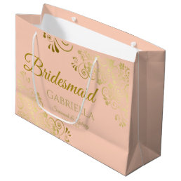 Coral Peach &amp; Gold Lace Elegant Bridesmaid Large Gift Bag