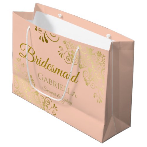 Coral Peach  Gold Lace Elegant Bridesmaid Large Gift Bag