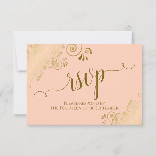 Coral Peach Gold Lace Elegant Calligraphy Wedding RSVP Card