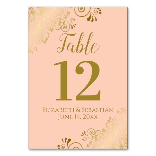 Coral Peach  Gold Lace Elegant Frilly Wedding Table Number