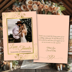 Coral Peach & Gold Love Thanks Photo Note Wedding Thank You Card