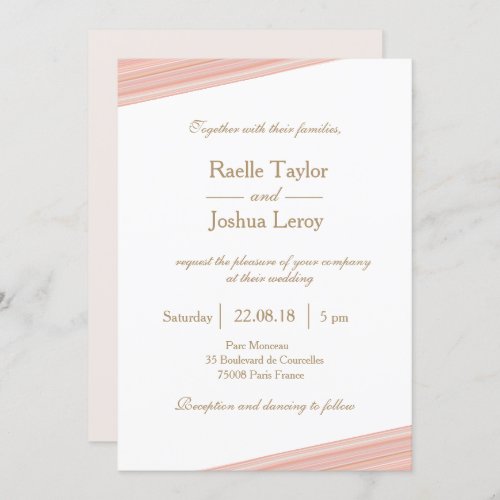 Coral peach gold white subtle stripes wedding invitation
