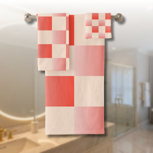 Coral Peach Gradient Checkered Bath Towel Set