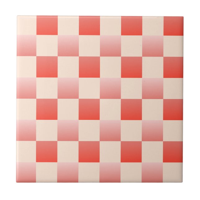 Coral Peach Gradient Checkered Ceramic Tile (Front)