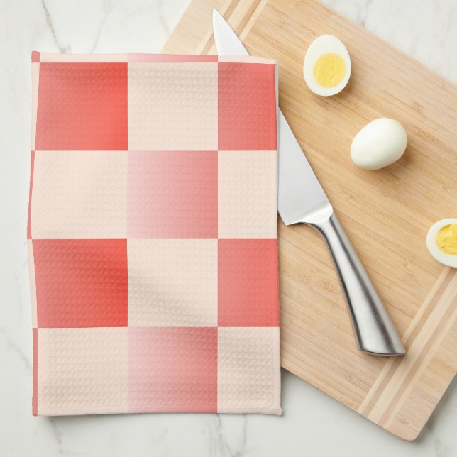 Coral Peach Gradient Checkered Kitchen Towel (Quarter Fold)