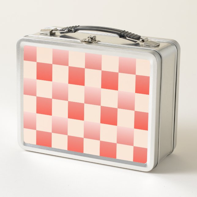 Coral Peach Gradient Checkered Metal Lunch Box (Front)