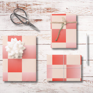 Coral Peach Gradient Checkered Wrapping Paper Sheets