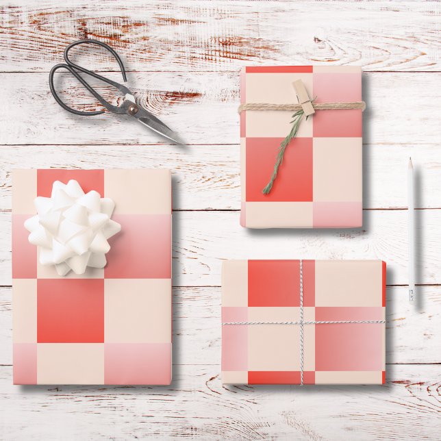 Coral Peach Gradient Checkered Wrapping Paper Sheets (Creator Uploaded)